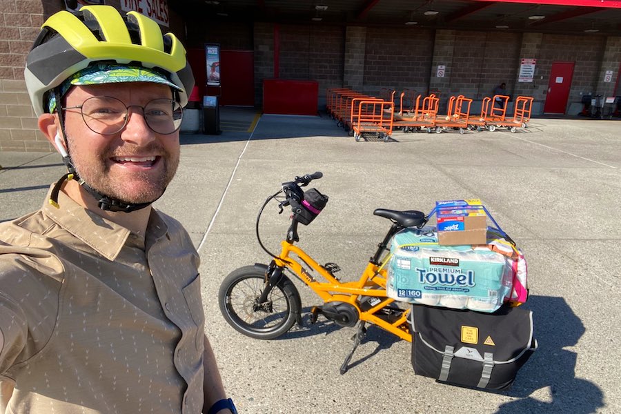 Selfie with a major Costco haul on e-bike | Photo by Luke Distelhorst