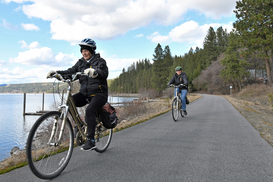 The Trail of the Coeur d'Alenes is a 72-mile paved trail along the former Union Pacific Railroad near Coeur d'Alene, Idaho. It runs from Mullan, a mountain mining town near the Montana border, westward to Plummer, a town on the prairie near the Washington border. Photo by Lisa James