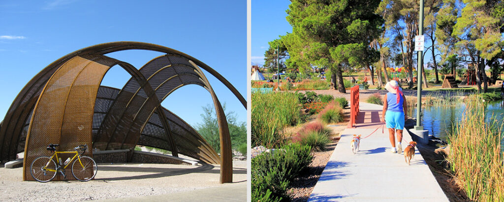 Left: Several unique shade shelters can be found along the Las Vegas trail system, including this one at the intersection of the Lower Las Vegas Wash Trail and the Flamingo Arroyo Trail. | Photo by Eric Arnold Photography — Right: Dog walker at Craig Ranch | Photo by Alan O'Neill