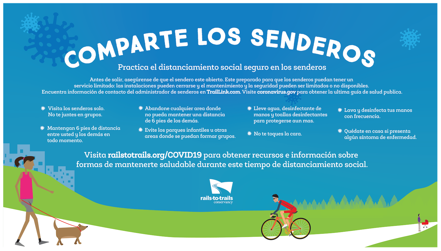 Share the Trail “Practice Safe Social Distancing on the Trail banner in Spanish by RTC