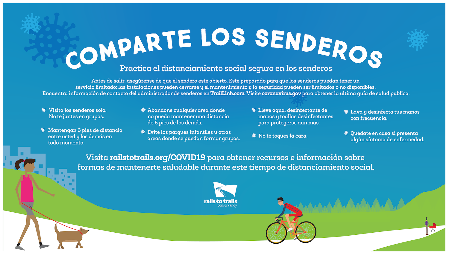 Share the Trail “Practice Safe Social Distancing on the Trail banner in Spanish by RTC