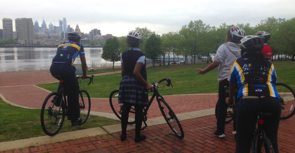 Students of the Rutgers-Camden IGNITE afterschool cycling program enjoying the landscape on their new bike 2017 inaugural ride | Photo by Anya Saretzky:RTC