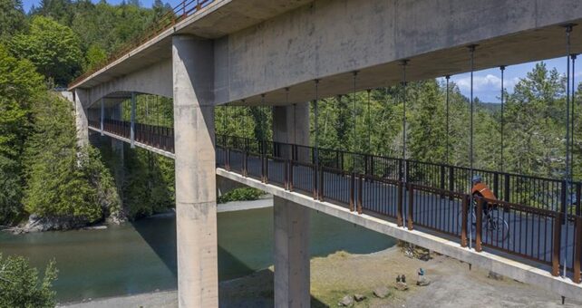 The Elwha River Bridge in Port Angeles along the Olympic Discovery Trail has two decks—one for vehicles and one (below it) for pedestrians and bicyclists. | Photo by John Gussman