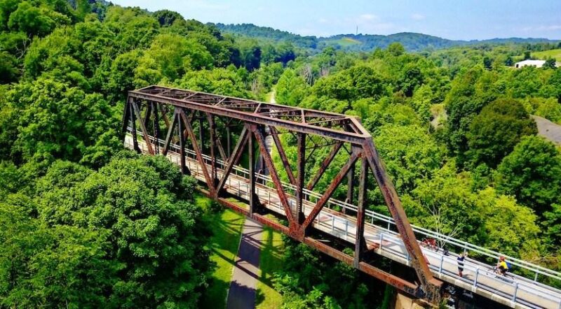 The Panhandle Trail passes beneath a trestle on the Montour Trail | Photo by Milo Bateman