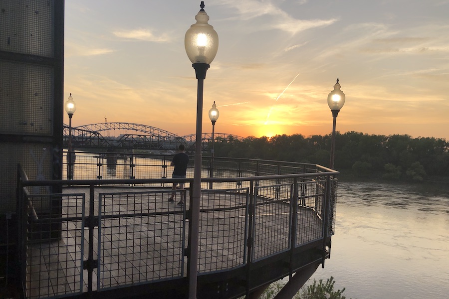 The observation deck on the Town of Kansas Bridge offers stellar views of the Missouri River, the railroads that run along it and the bridges that cross it. Especially at sunset, the bridge is a popular spot to enjoy the river vistas. | Photo by Cindy Barks
