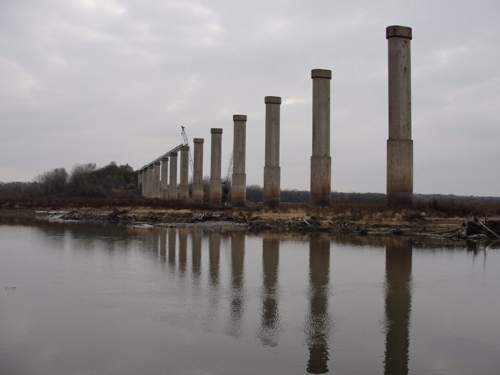 The pillars of the High Trestle Trail bridge before the decking was added|Photo by Becky Roorda