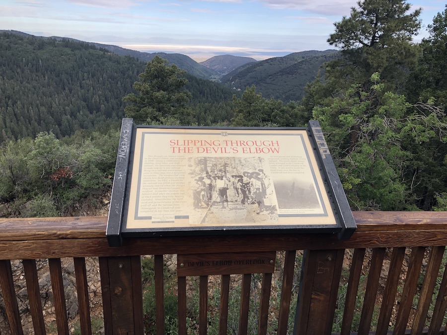 The railroad construction that took place in a section of steep terrain near Cloudcroft was described as “slipping through the Devil’s Elbow.” Through the use of blasting, hand labor and draft animals, the railroad from Alamogordo to Cloudcroft was completed in less than two years. The overlook at the Devil’s Elbow is one of the best spots to take in the views of the mountainous terrain along the Cloud-Climbing Trestle Trail. | Photo by Cindy Barks