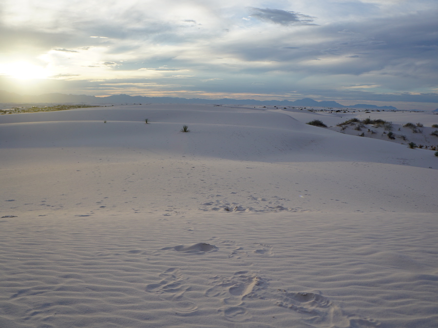 The snowy-white dunes of White Sands National Park take on a pastel hue at sunset. | Photo by Cindy Barks