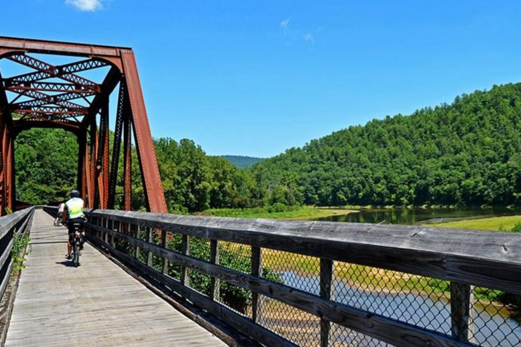 Trail users crossing the trestle at the Fries Junction | Photo by Tom Bilcze, courtesy TrailLink