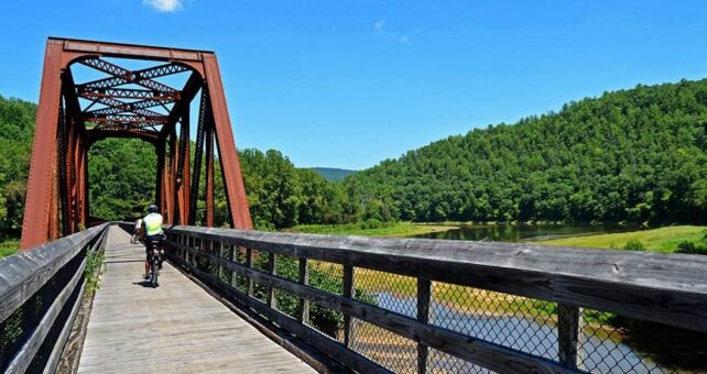 Trail users crossing the trestle at the Fries Junction | Photo by Tom Bilcze, courtesy TrailLink