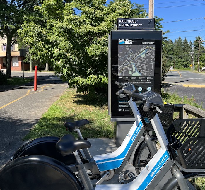 ValleyBike Share station along Massachusetts' Manhan Rail Trail | Photo by Kaylyn Yee
