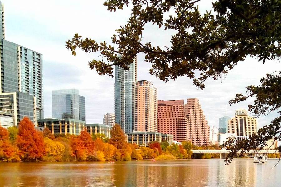 View of Downtown Austin and Lady Bird Lake from Texas' Ann and Roy Butler Hike and Bike Trail | Photo by TrailLink user sue.song
