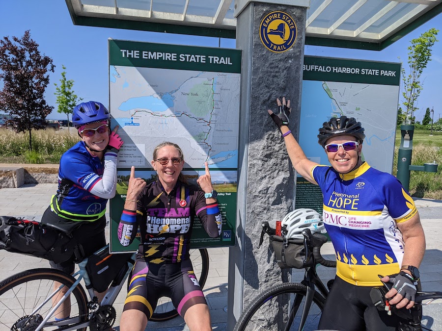 Wendy Pascucci, Kathleen Richardson and Brenda Hamilton at the beginning of the Empire State Trail ride in Buffalo, New York. | Photo by Joseph Richardson