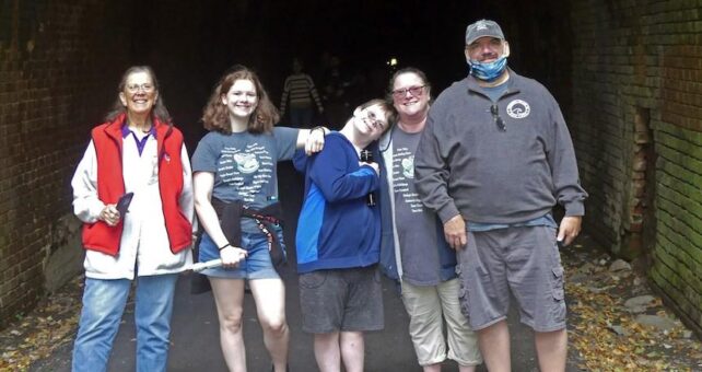 Will Oldaker (far right) and his family drove hours to experience the Blue Ridge Tunnel in Virginia; traveling with him (left to right) were his mother Lyn Oldaker, his children Traci and Riley, and his wife Beth. | Photo by Nancy Sorrells