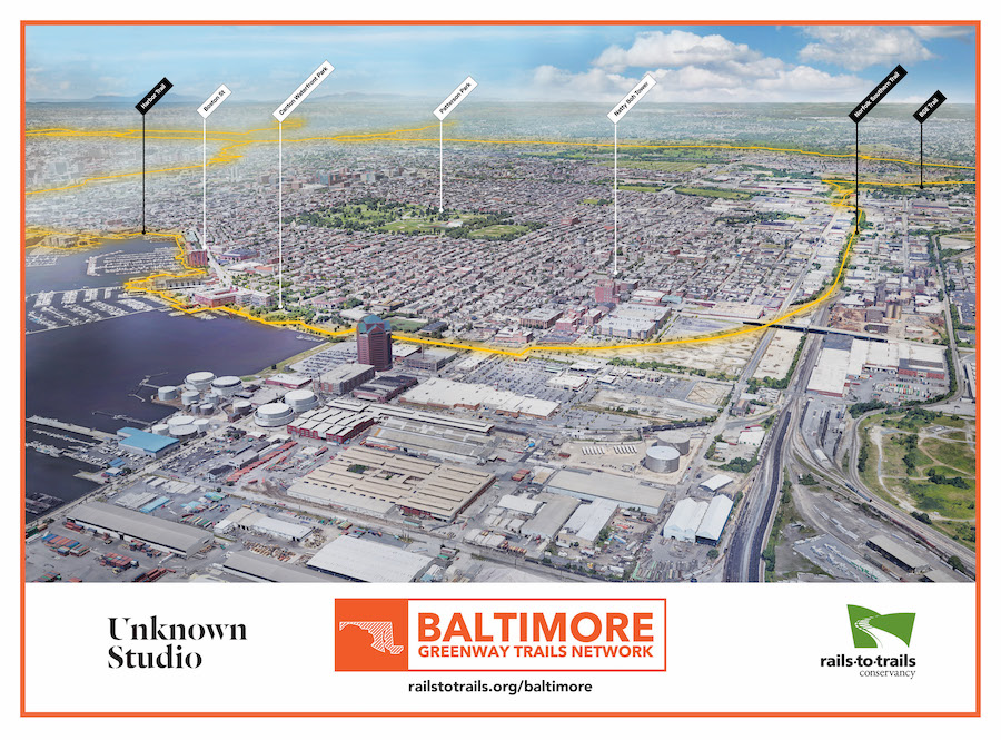 Aerial rendering depicts future trail connectivity in southeast Baltimore | Courtesy of Unknown Studio