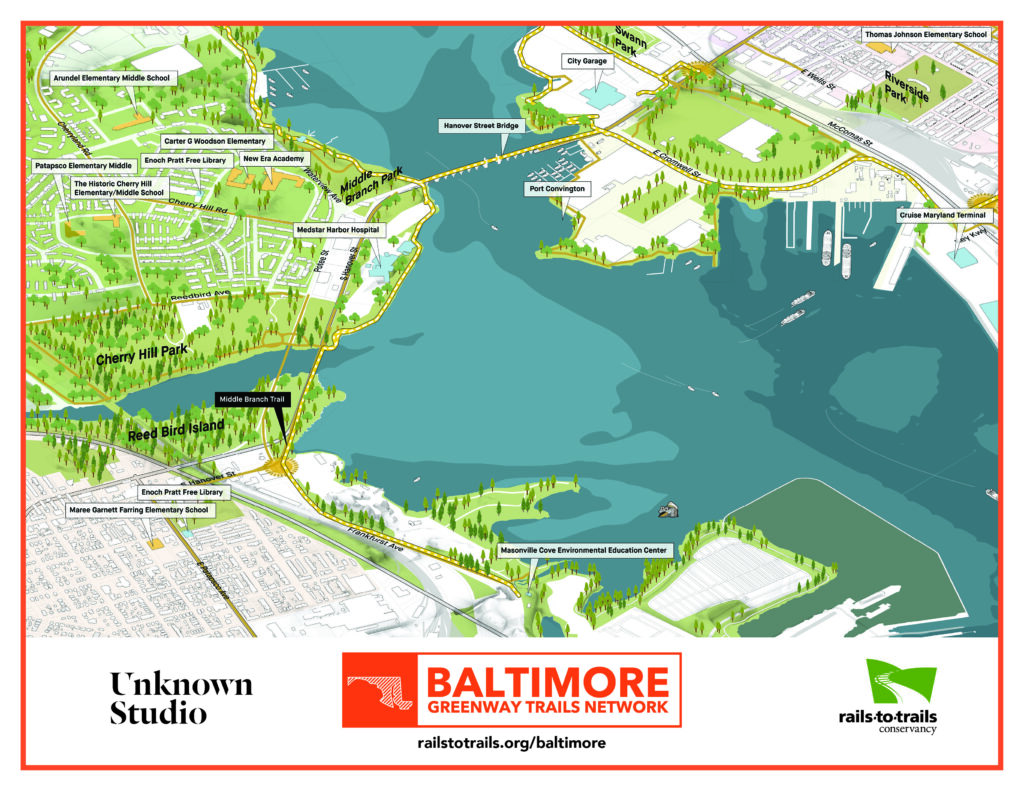 Axon rendering depicts future trail connectivity in south Baltimore. | Courtesy of Unknown Studio