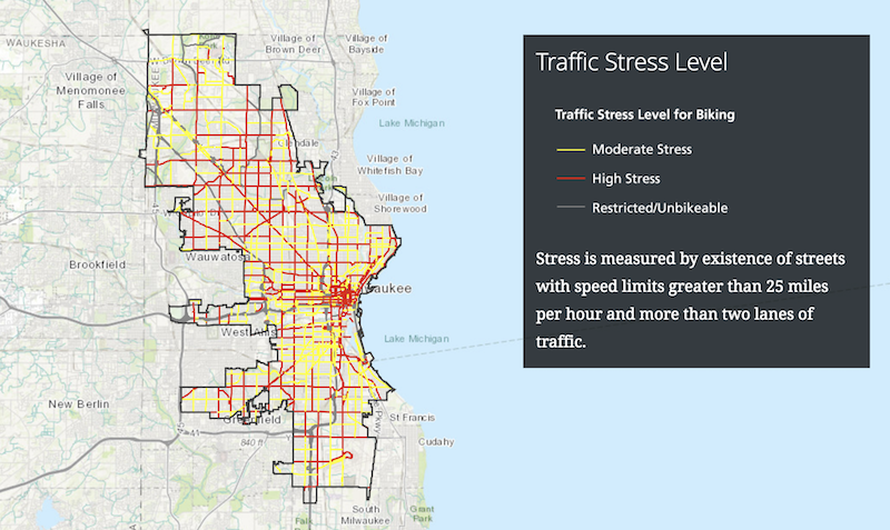 Bike Stress Map for Milwaukee, WI | View full Milwaukee BikeAble Storymap