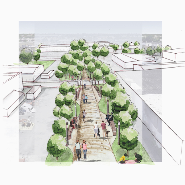 Concept rendering depicts unused rail corridor as a key component of the Greenways eastside connection. | Courtesy of Ren Southard, AIA Baltimore Urban Design Committee