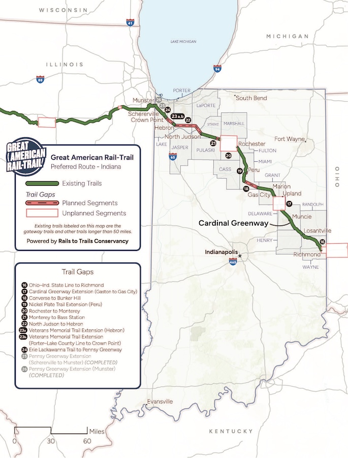 Great American Rail-Trail Route Assessment 2024 Indiana map