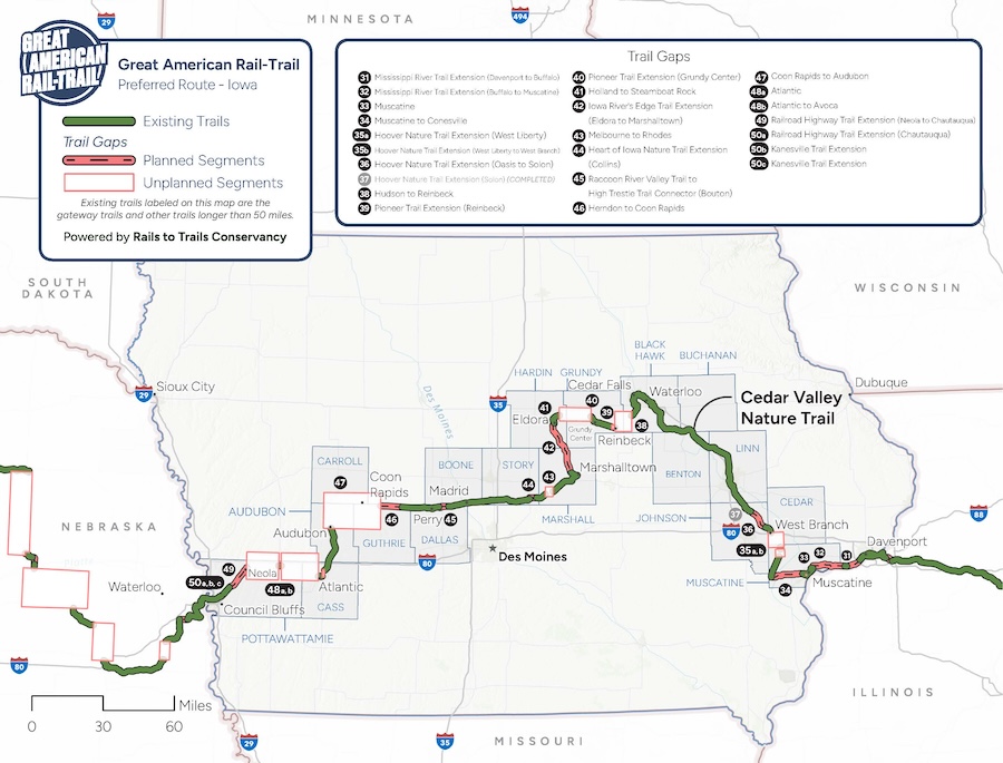 Great American Rail-Trail Route Assessment 2024 Iowa map