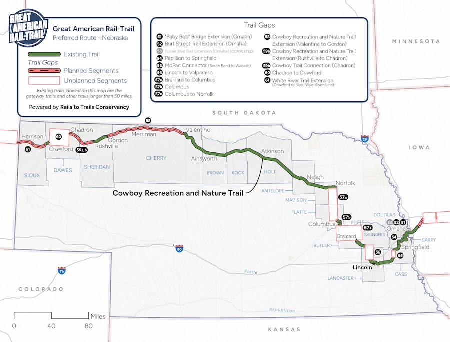 Great American Rail-Trail Route Assessment 2024 Nebraska map
