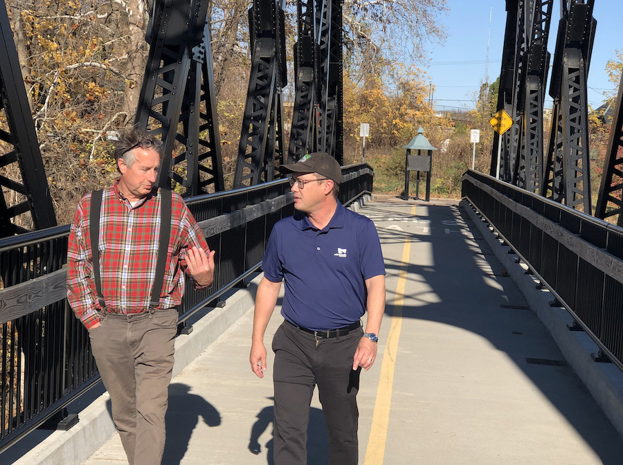 Jeff McCollough (left), from Pioneer Valley Planning Commission, and Ryan Chao (right), RTC president, crossing the Westfield River Bridge in Westfield, Massachusetts | Photos by Tom Sexton