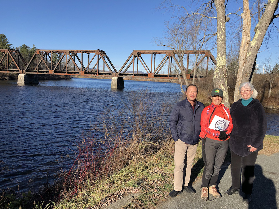 Ryan Chao (left), RTC president, with Judy Kurtz and Marianne Borowski, chairs of Twin State Rail Trail project, along a section of the developing trail in New Hampshire | Photo by Tom Sexton