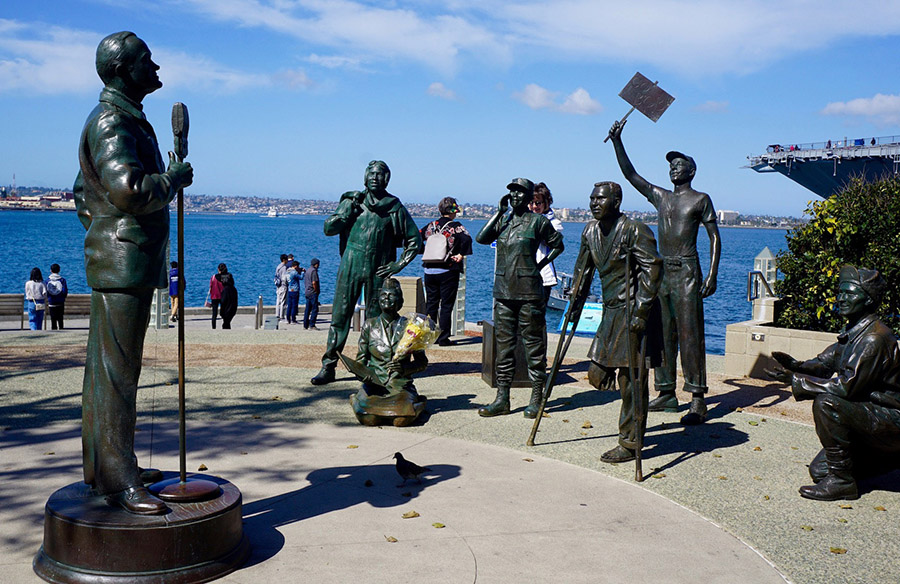 Near San Diego’s “Unconditional Surrender” statue is a “National Tribute to Bob Hope and the Military,” a series of sculptures that honor the comedian who spent decades entertaining U.S. troops around the world. | Photo by Cindy Barks