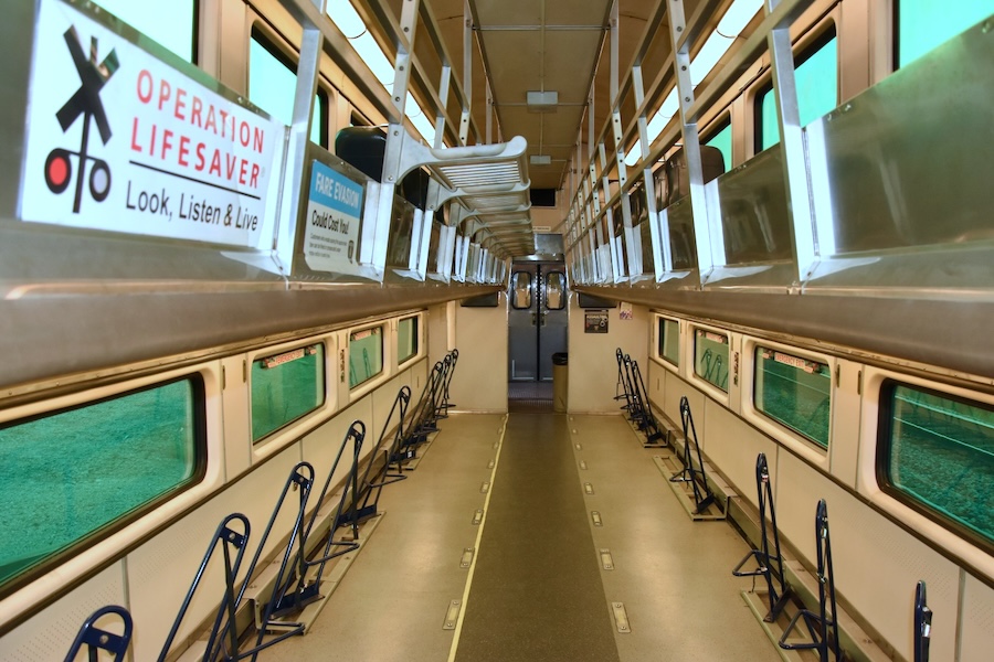 Interior of original Metra Bike Car used in November 2020 pilot program where passengers can sit above and watch their bikes below. | Photo by Mark Llanuza