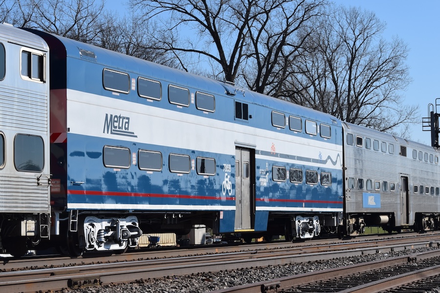 Rails, Trails and Ales train car with two Bike Cars entering Lemont, Illinois | Photo by Norman Carlson