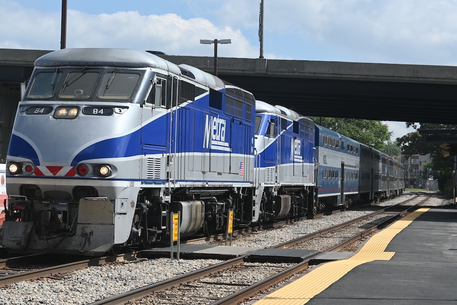 Rails, Trails and Ales train car with two Bike Cars entering Lemont, Illinois | Photo by Norman Carlson