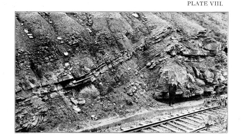 Image of the geological unconformity published in 1921 by the Ohio Geological Survey. The photo was likely taken along the right-of-way of the Cleveland, Zanesville and Cincinnati Railroad shortly after its completion in 1854.