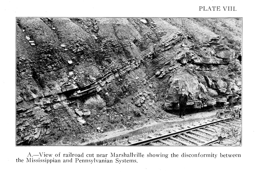 Image of the geological unconformity published in 1921 by the Ohio Geological Survey. The photo was likely taken along the right-of-way of the Cleveland, Zanesville and Cincinnati Railroad shortly after its completion in 1854.