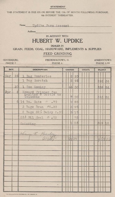 A typical two-month feed bill in 1937 for a local stock farm | Courtesy Gloria Parsisson