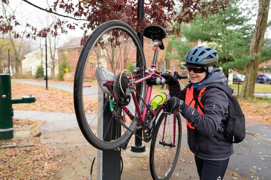 A bike repair station along the Farmington Canal Heritage Trail in New Haven | Photo by John Munno