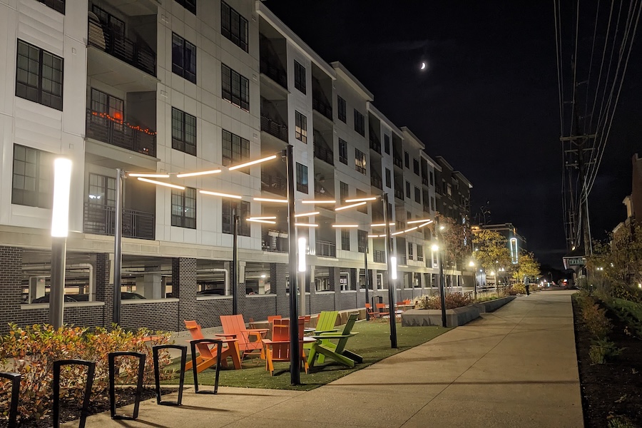 Indiana's Nickel Plate Trail in Fishers at night along apartments | Photo by Laura Stark