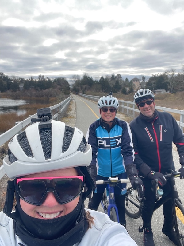 Three bicyclists riding in winter on Massachusetts' Shining Sea Bikeway | Photo by Katherine Jansen