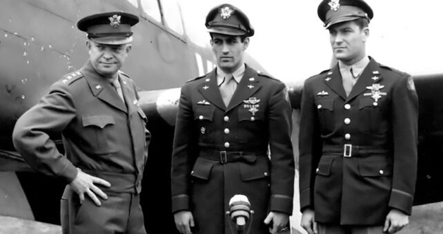 Left to right: Gen. Dwight Eisenhower awarded the Distinguished Service Cross (DSC) to Capt. Don Gentile (he was promoted posthumously to major) and fellow Eagle Squadron veteran Col. Don Blakeslee in April 1944. It was Gentile’s second DSC.