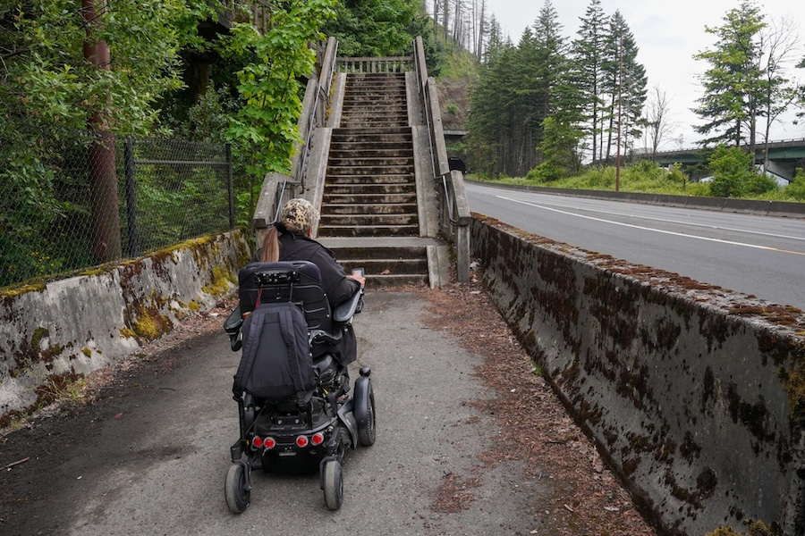 Juliette Rizzo at Eagle Creek staircase in the Gorge | Photo by Jonathan Maus, Bike Portland