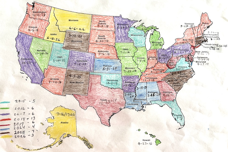 Dave and Laura Anderson's map of their 50 rides in 50 states | Photo courtesy Dave and Laura Anderson